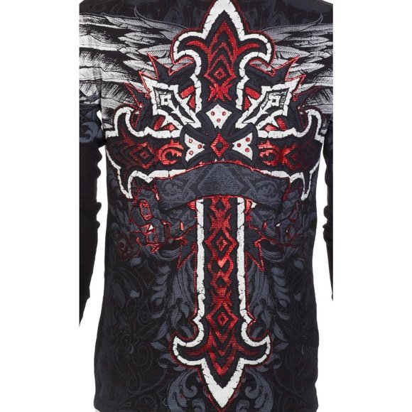 ARCHAIC by AFFLICTION Men's Long Sleeve THERMAL Shirt RED FLAG Biker Black - Picture 7 of 7